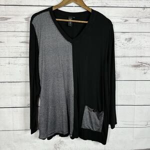 Focus Casual Life Top Shirt Womens XL Black Silver Tunic Art‎ Stretch Oversized